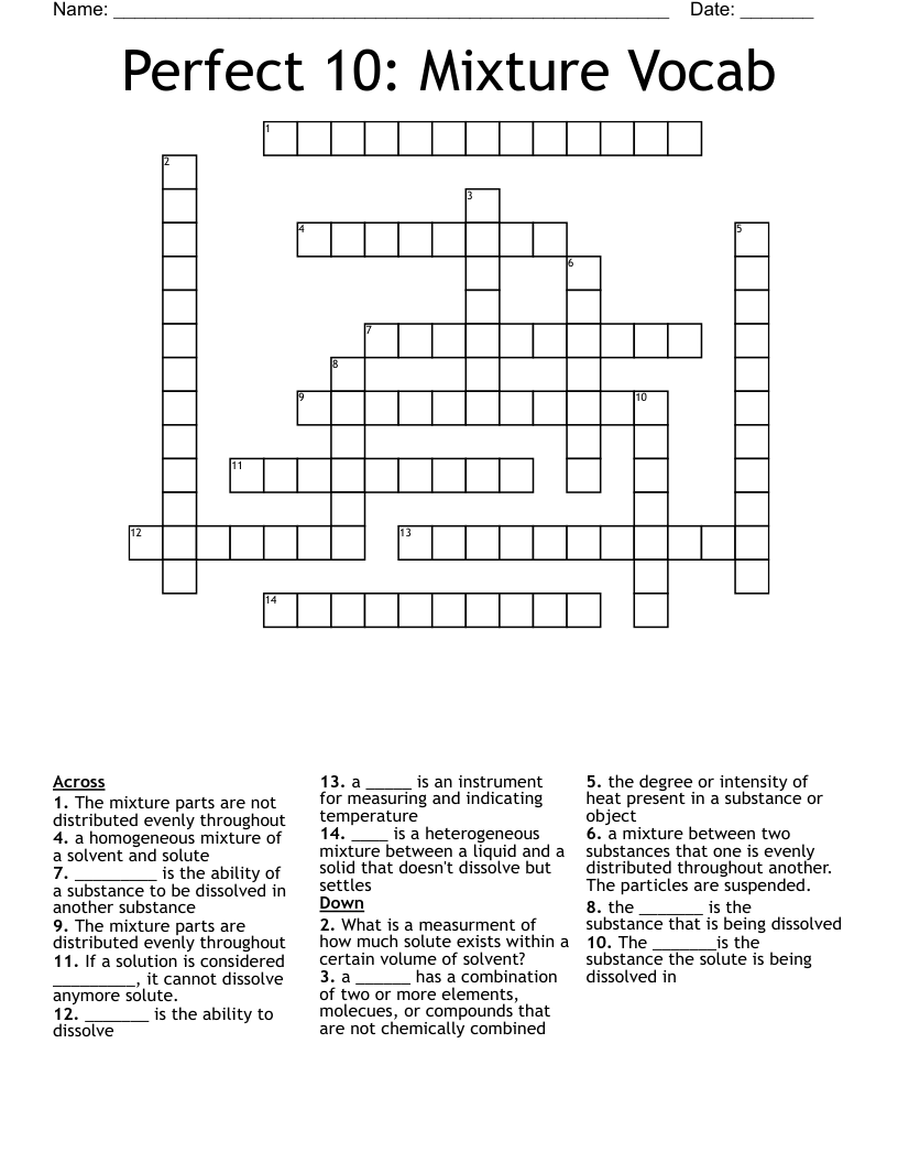 Perfect 10: Mixture Vocab Crossword