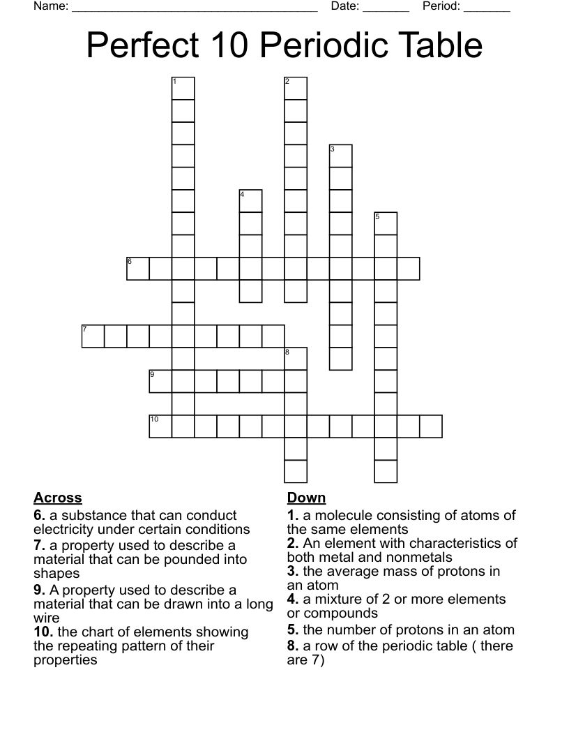 Perfect 10 Periodic Table  Crossword