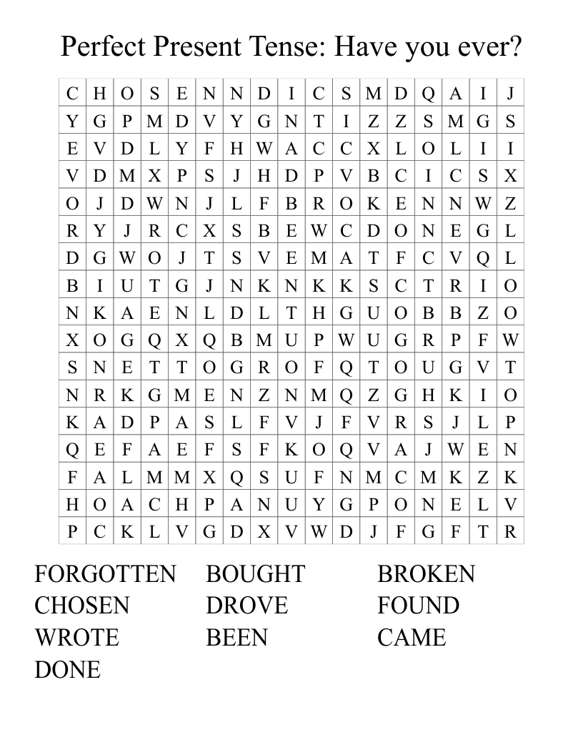 Perfect Present Tense: Have you ever? Word Search