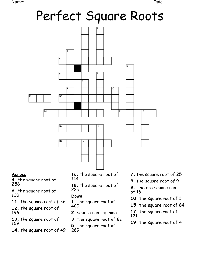 Perfect Square Roots Crossword