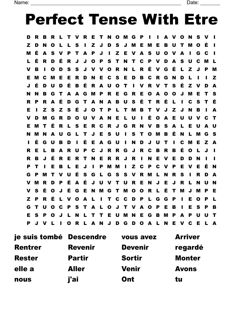 Perfect Tense With Etre Word Search