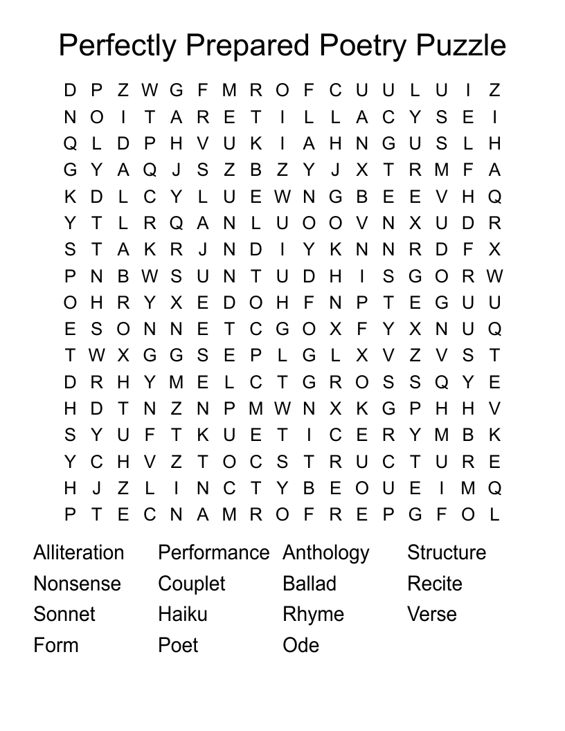 Perfectly Prepared Poetry Puzzle Word Search