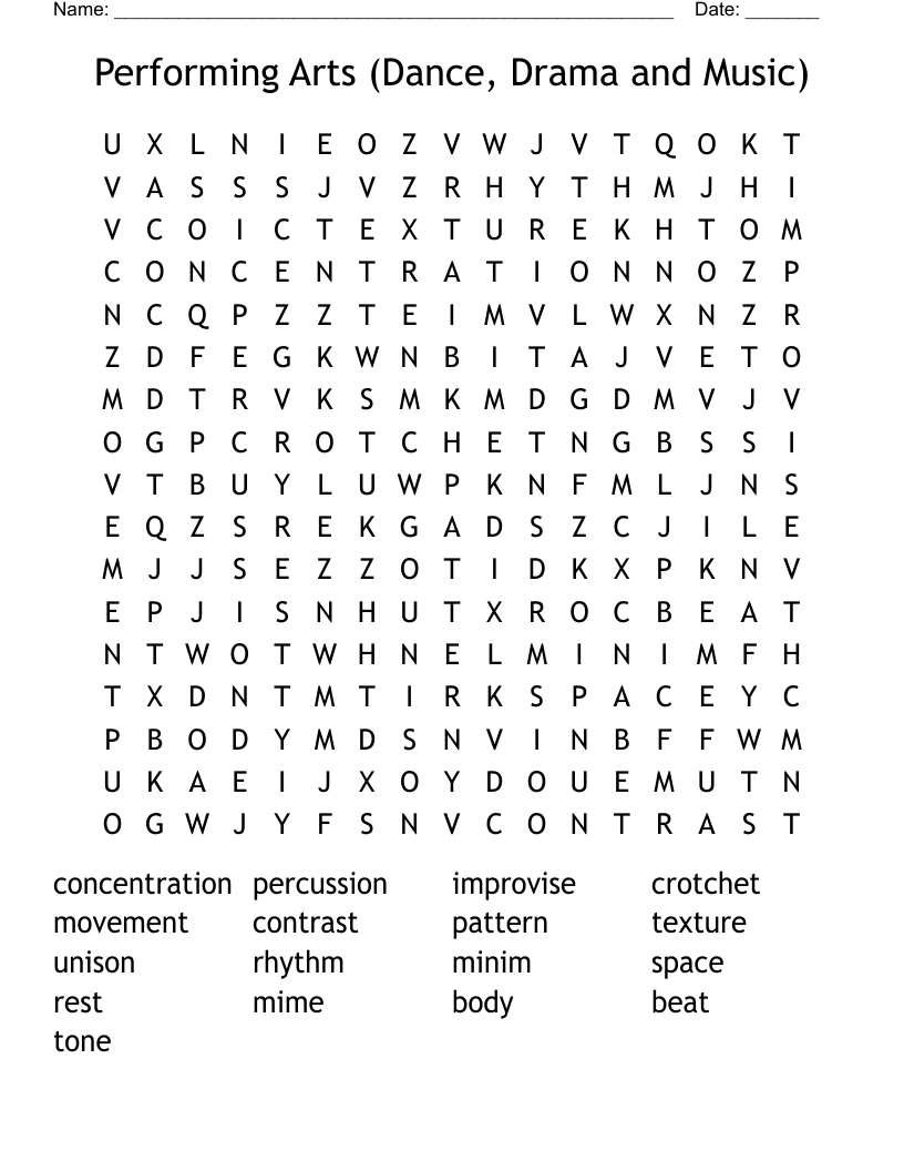 Performing Arts (Dance, Drama and Music) Word Search