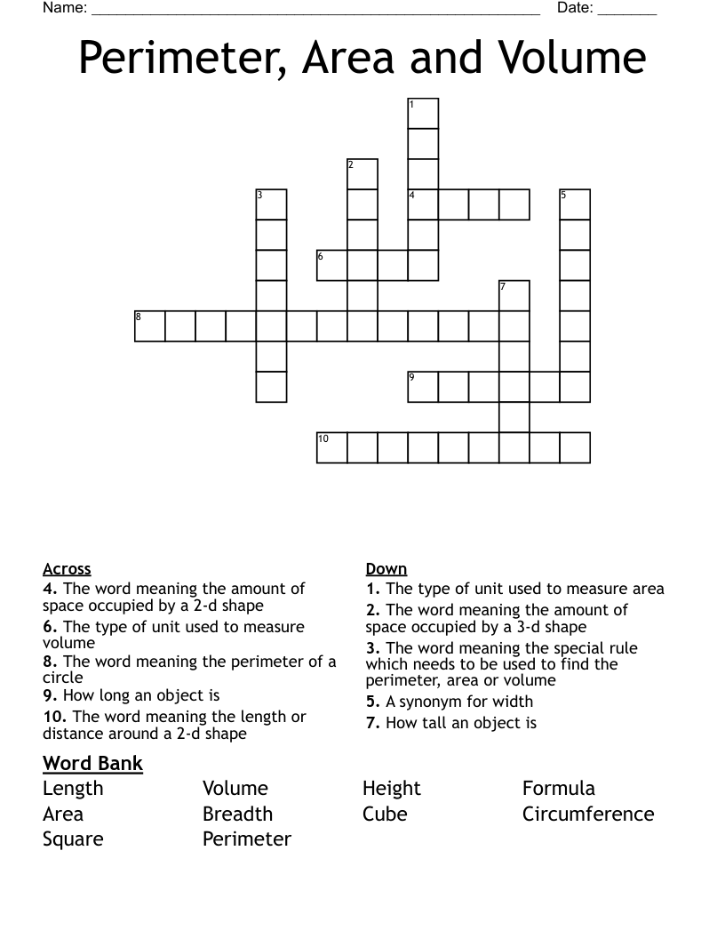 Perimeter, Area and Volume Crossword