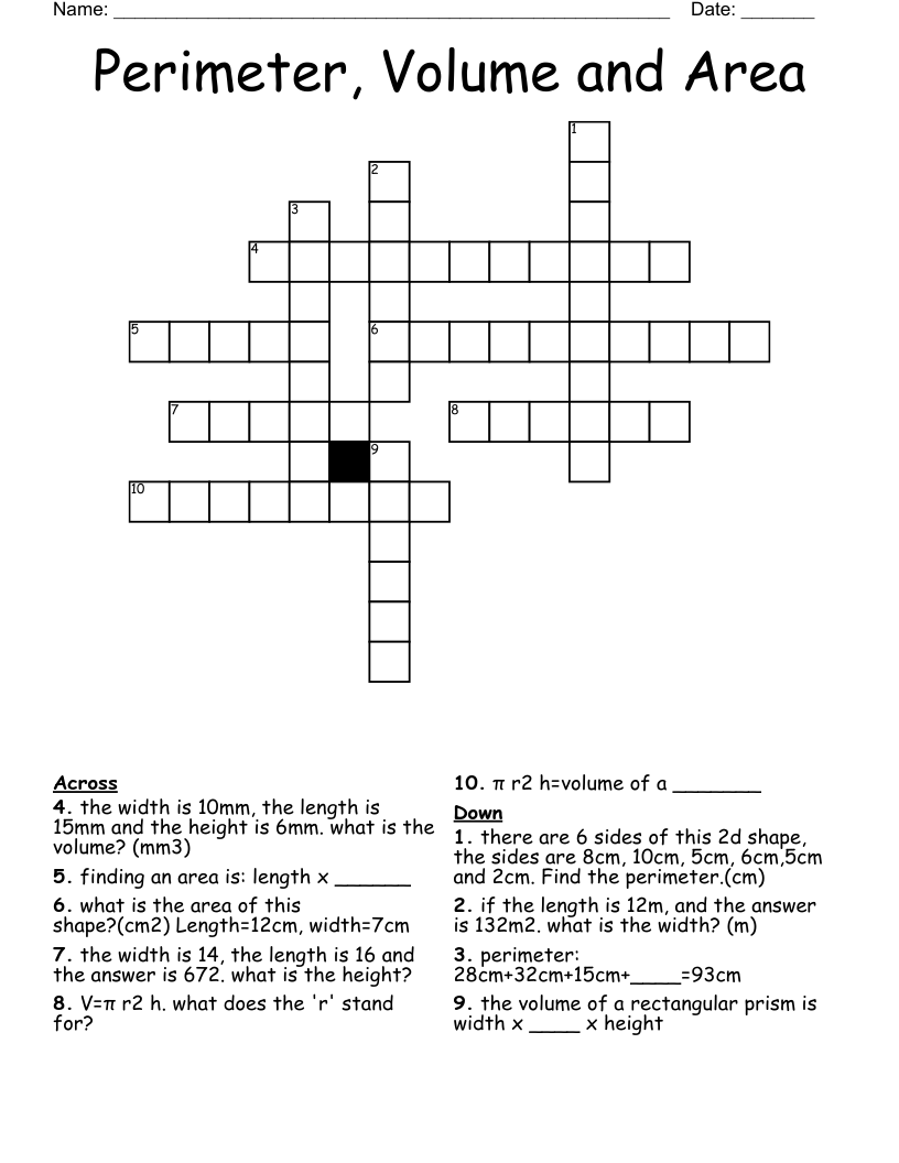 Perimeter, Volume and Area Crossword