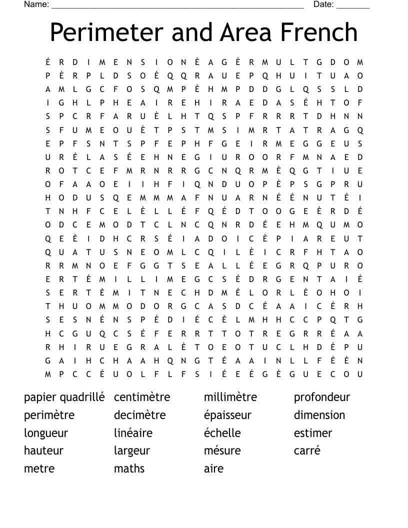 Perimeter and Area French Word Search