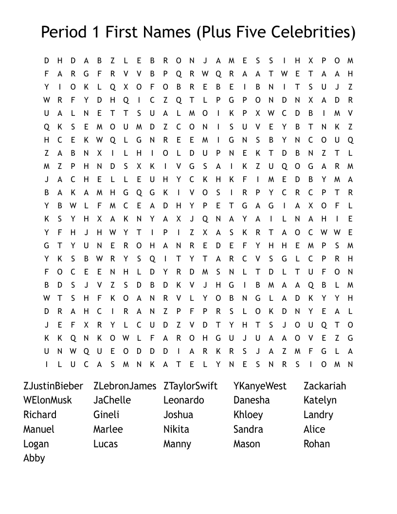 Period 1 First Names (Plus Five Celebrities) Word Search