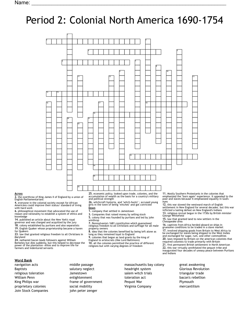 Period 2: Colonial North America 1690-1754 Crossword