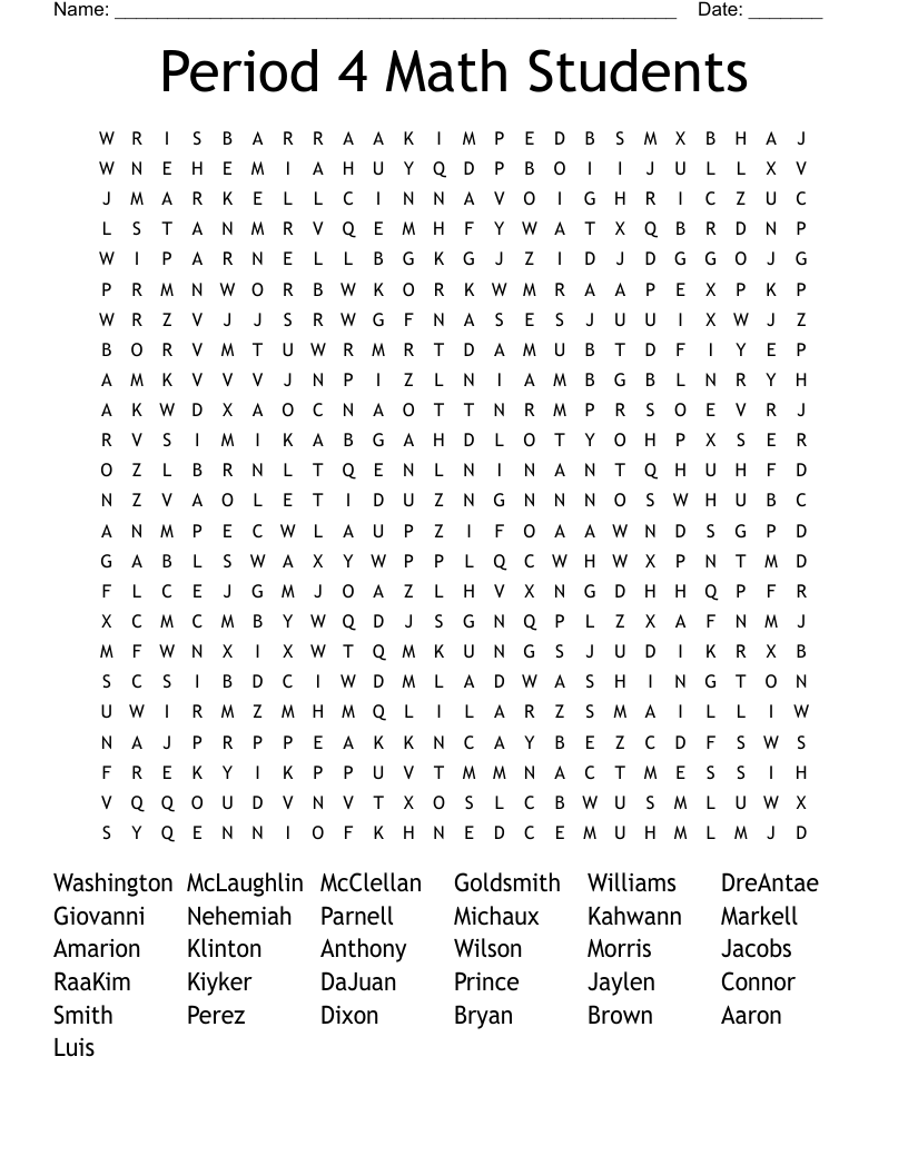 Period 4 Math Students Word Search