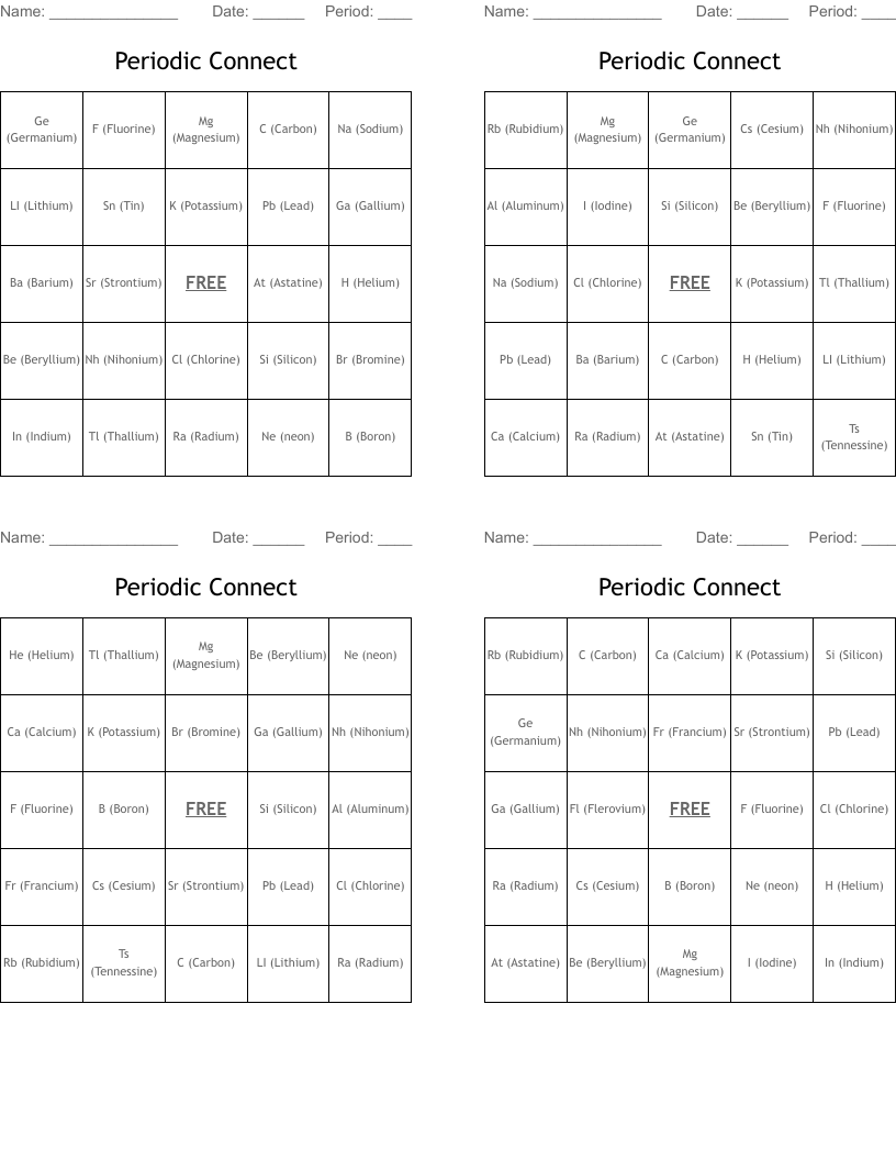 Periodic Connect Bingo Cards