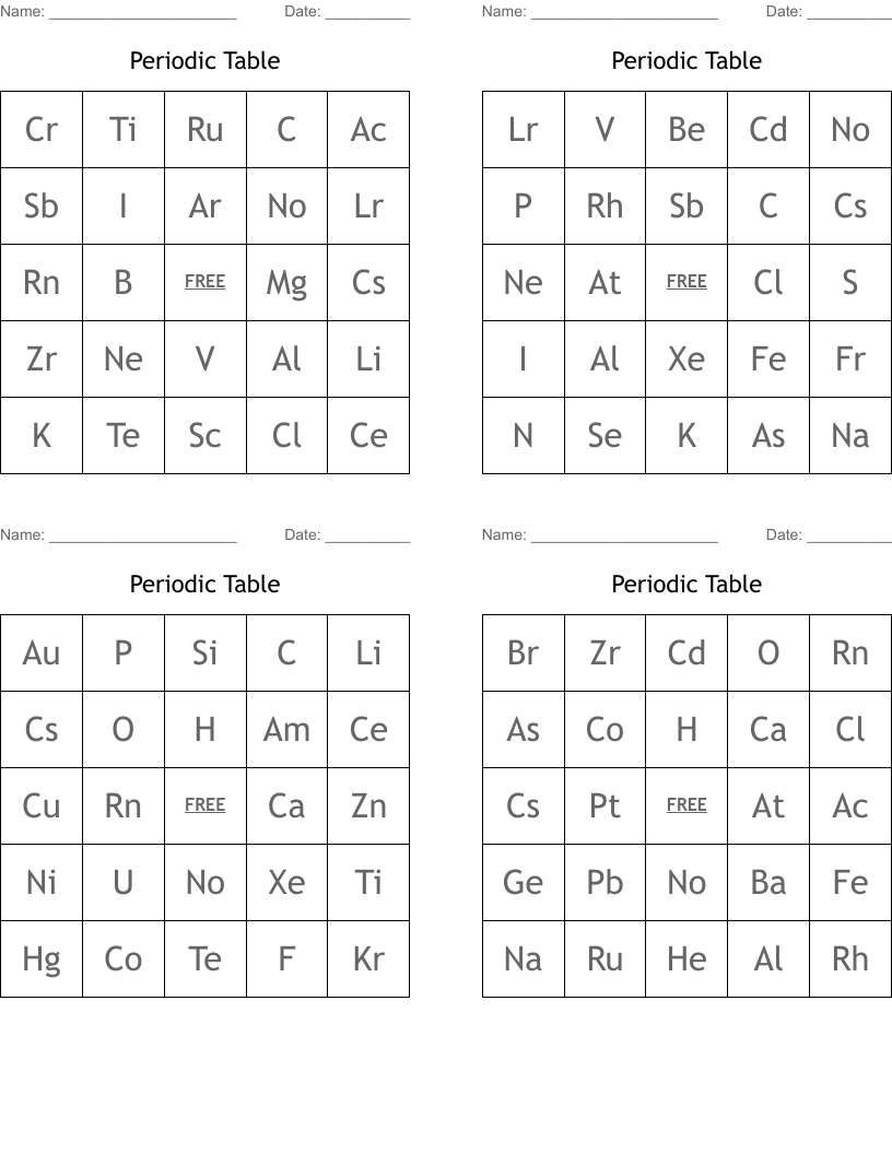 Periodic Table Bingo Cards