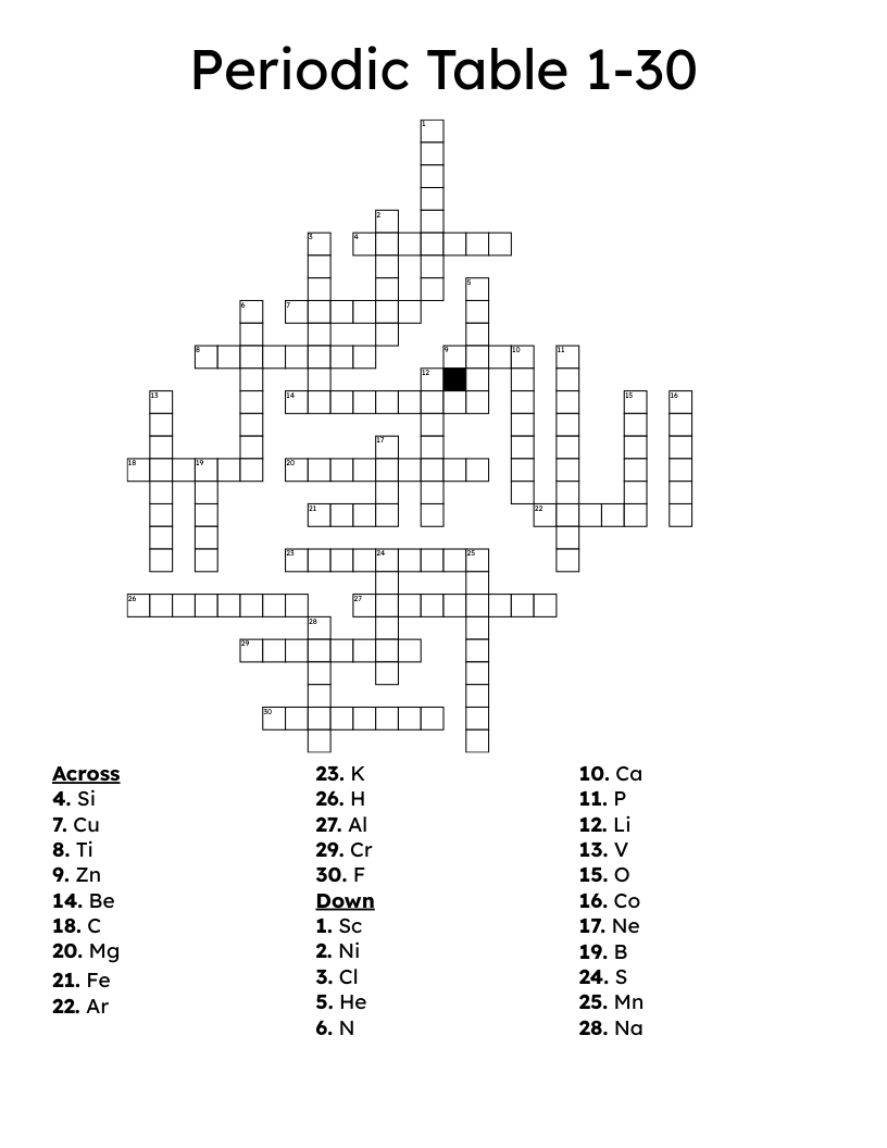 Periodic Table 1-30 Crossword
