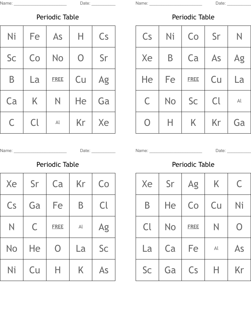 Periodic Table Bingo Cards