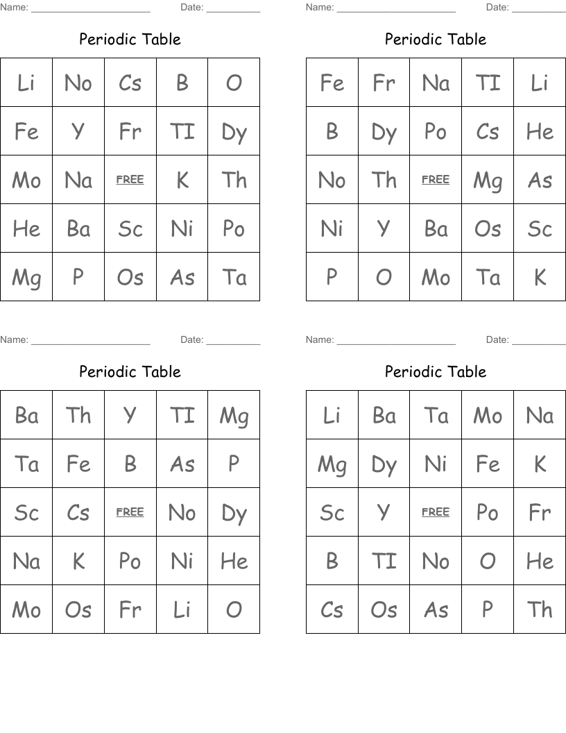 Periodic Table Bingo Cards