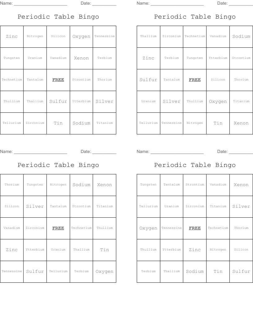 Periodic Table Bingo