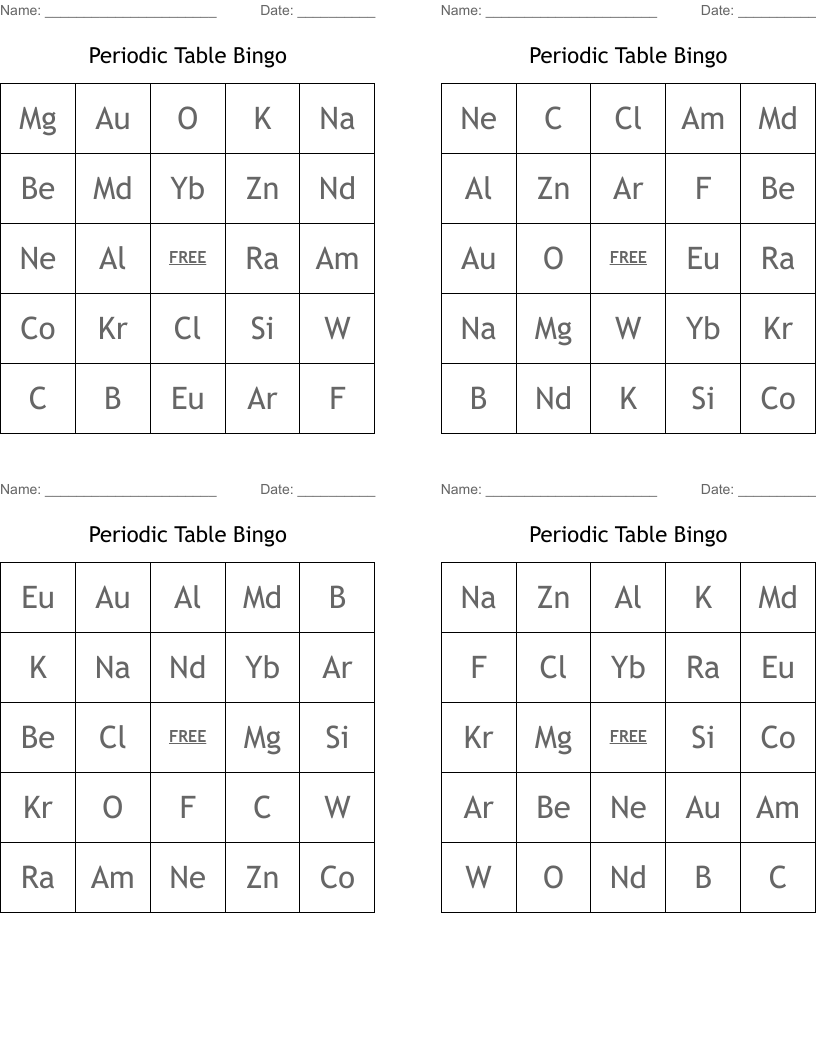 Periodic Table Bingo 
