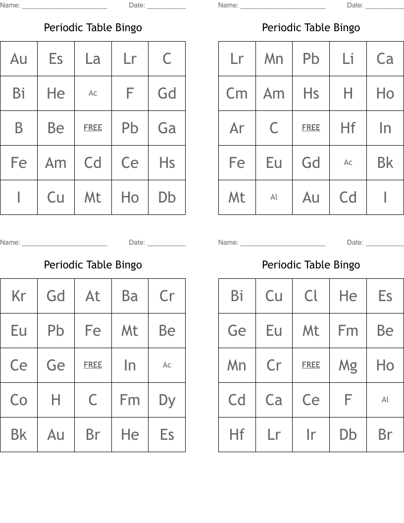 Periodic Table Bingo 