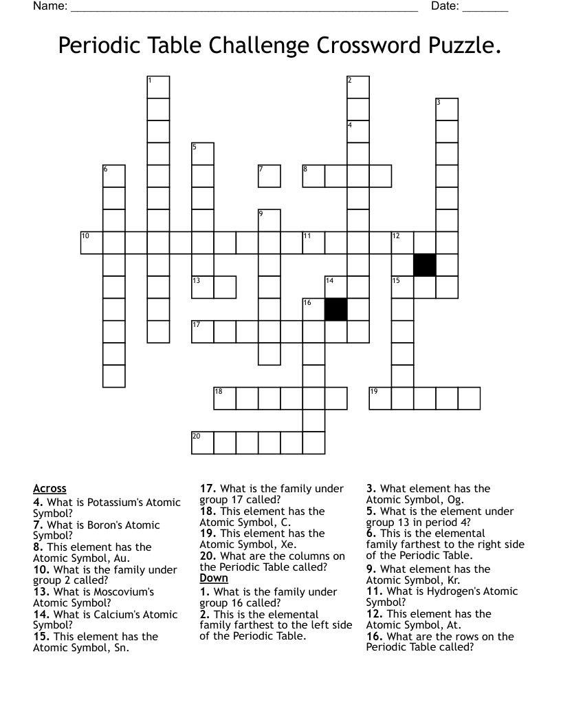 Periodic Table Challenge Crossword Puzzle.