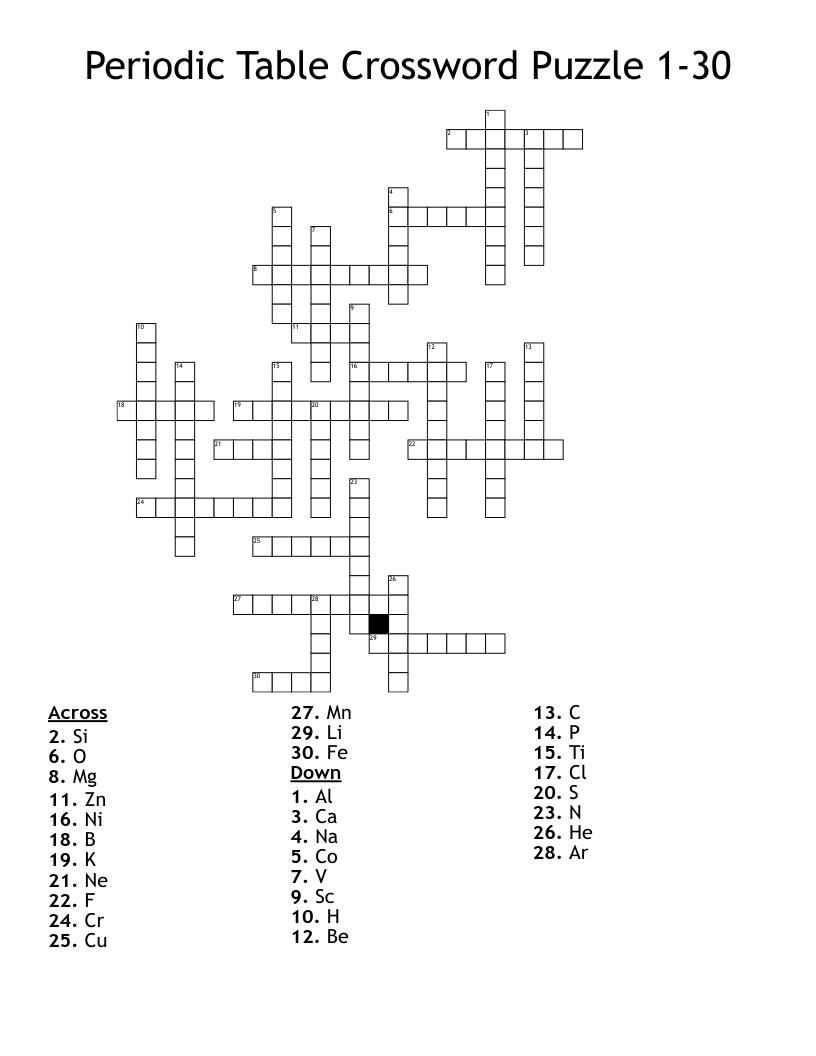 Periodic Table Crossword Puzzle 1-30