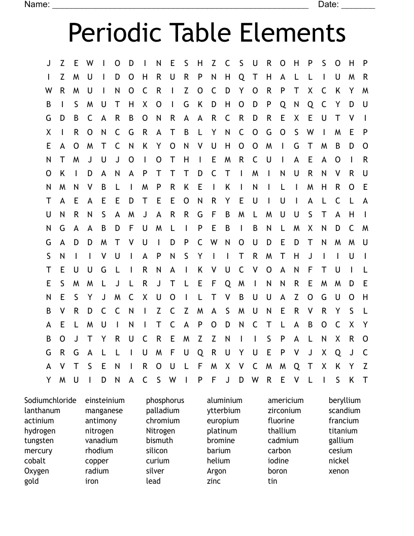 Periodic Table Elements Word Search