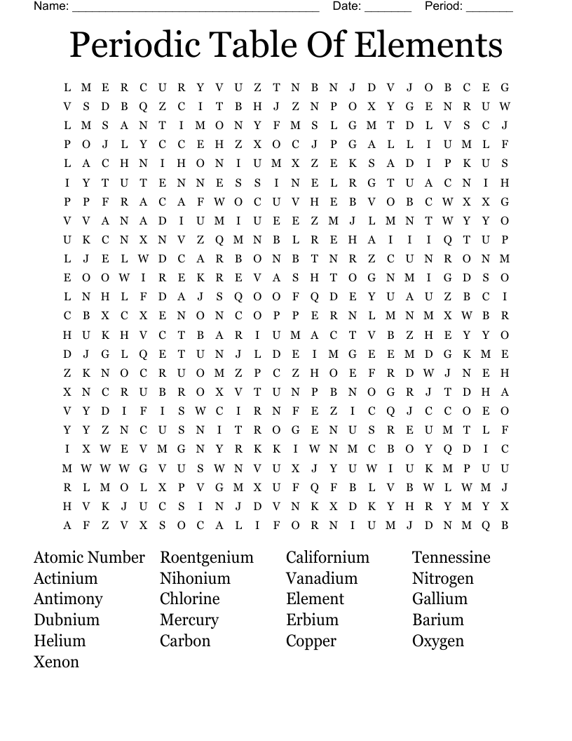 Periodic Table Of Elements Word Search