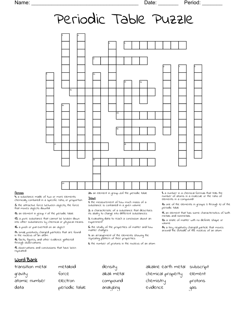Periodic Table Puzzle Crossword