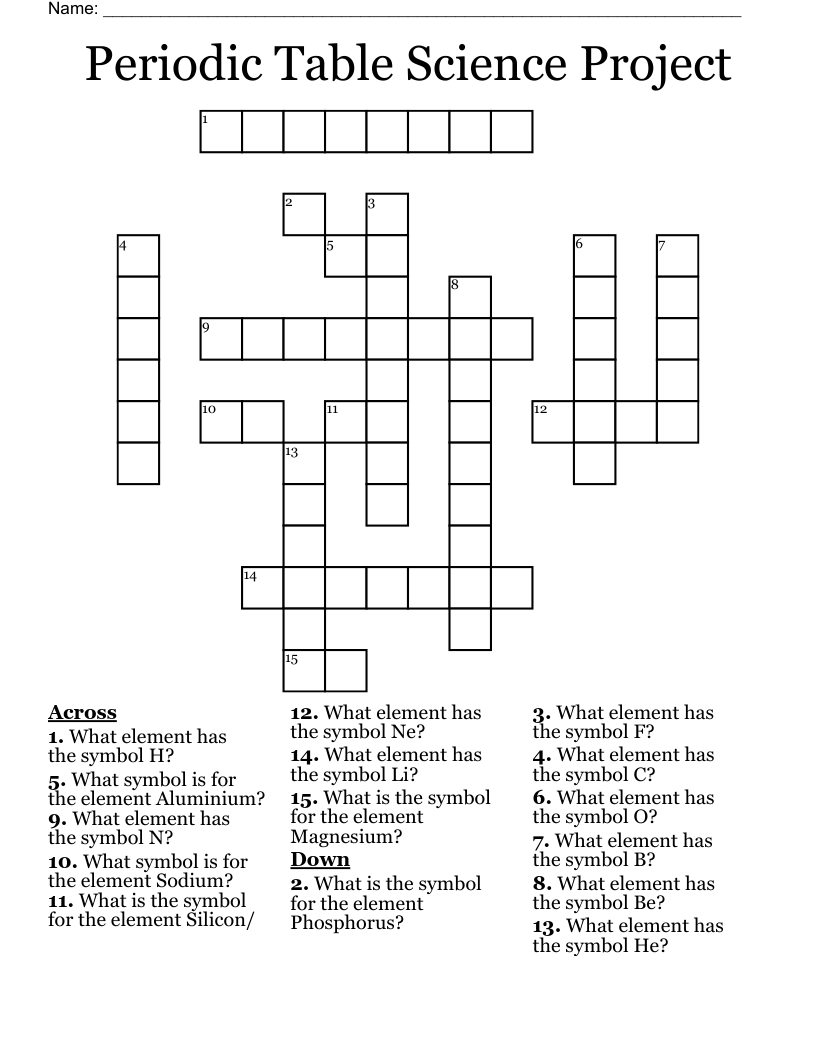 Periodic Table Science Project Crossword