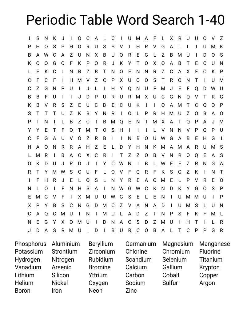 Periodic Table Word Search 1-40
