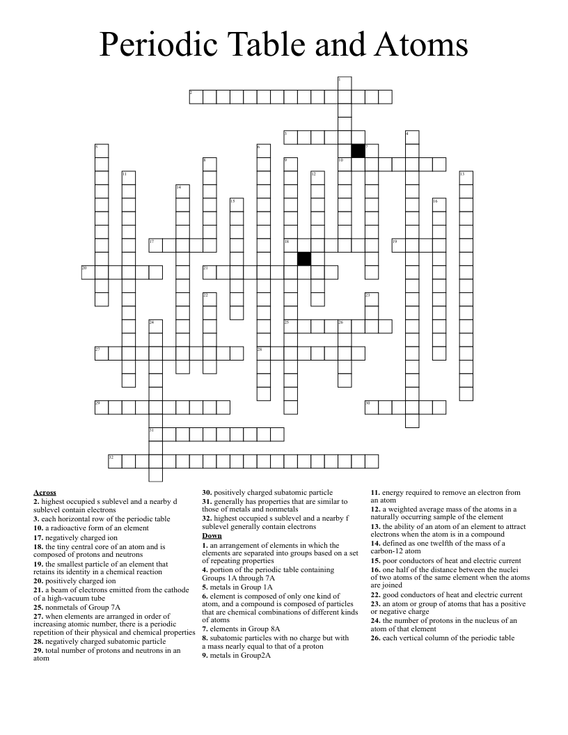 Periodic Table and Atoms Crossword