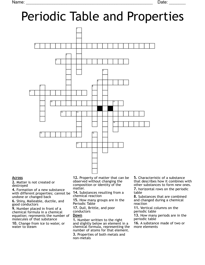 Periodic Table and Properties Crossword