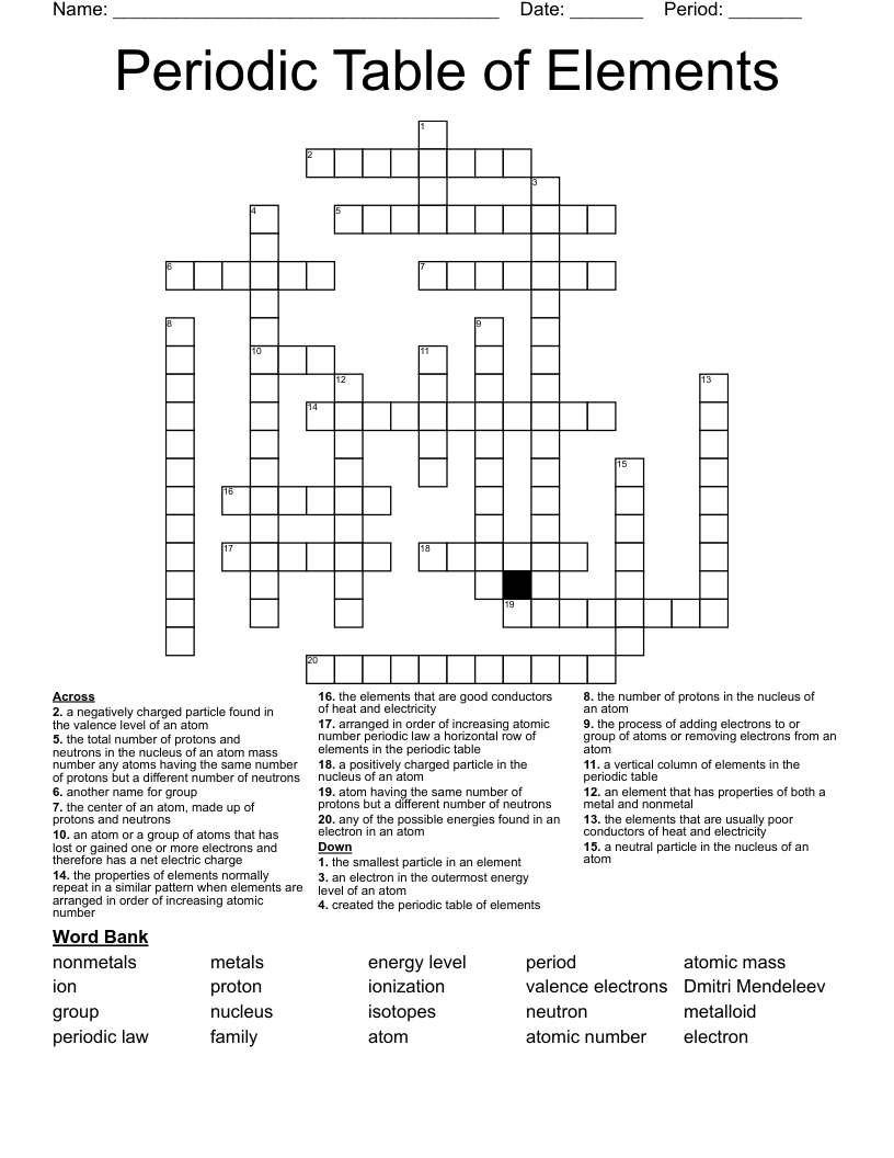 Periodic Table of Elements Crossword