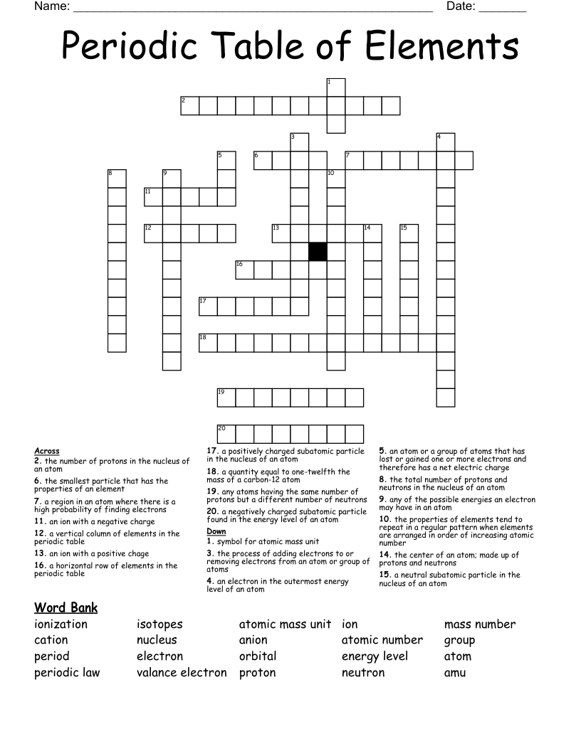 Periodic Table of Elements Crossword