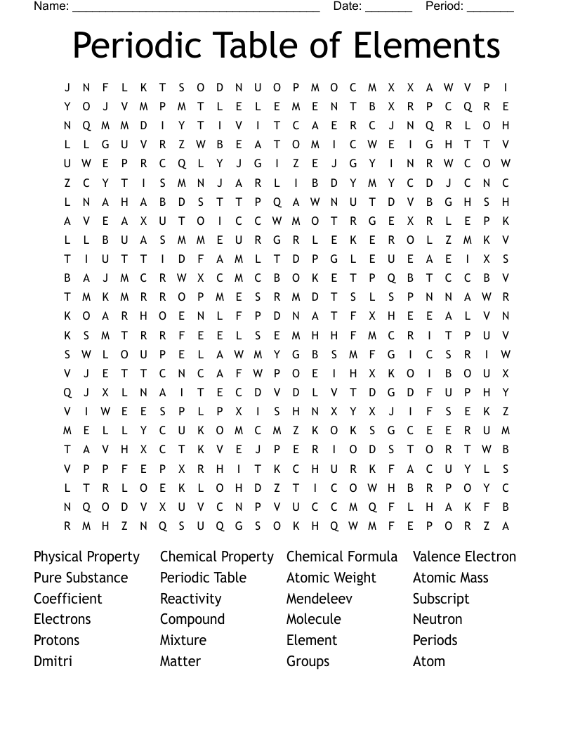Periodic Table of Elements Word Search