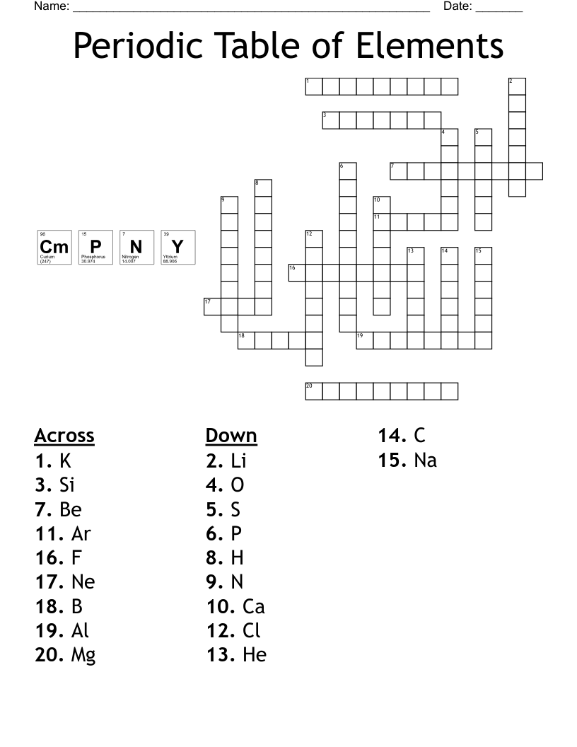 Periodic Table of Elements Crossword
