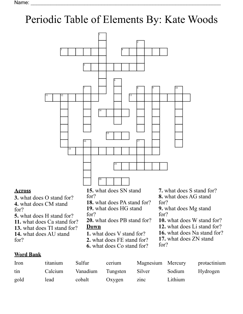 Periodic Table of Elements By: Kate Woods Crossword
