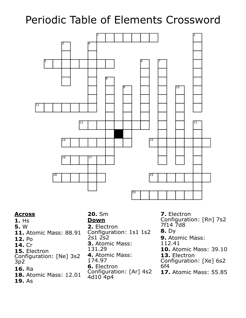 Periodic Table of Elements Crossword