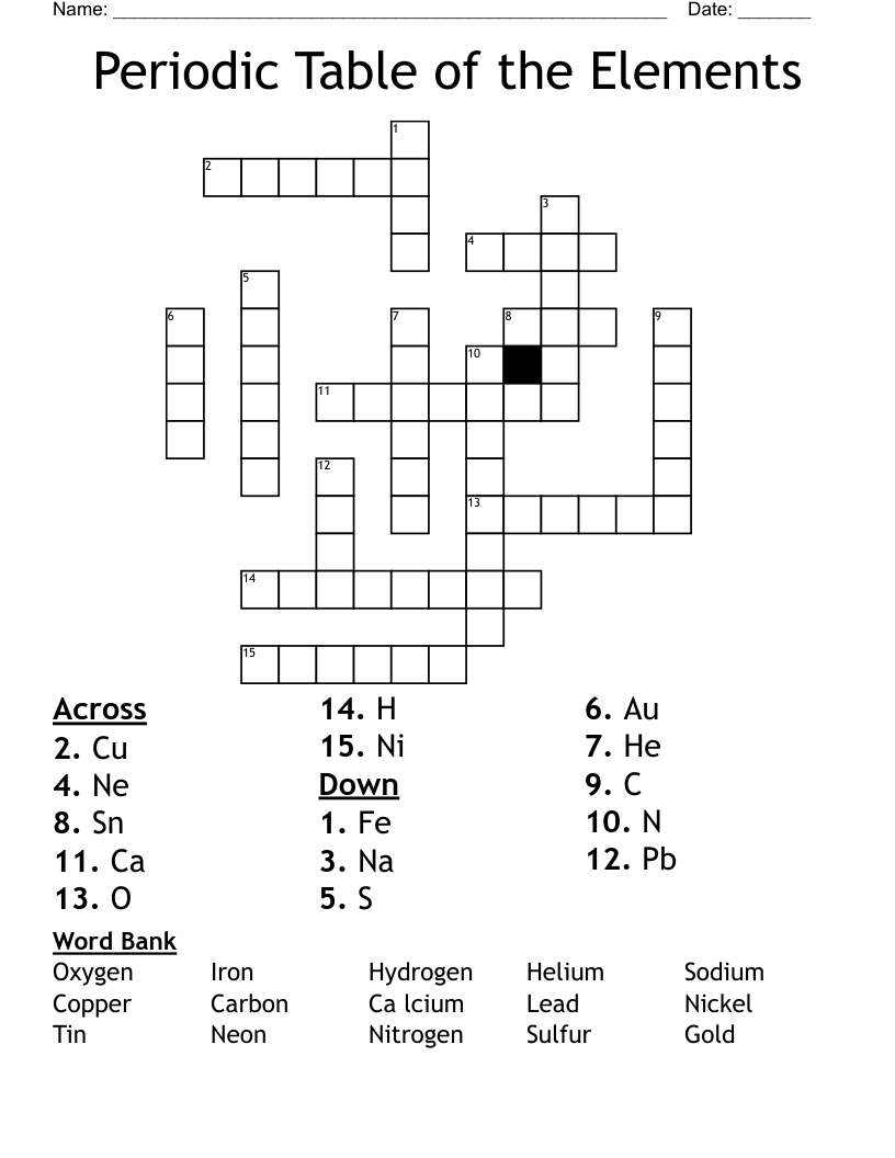 Periodic Table of the Elements Crossword