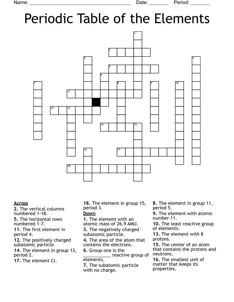 Periodic Table of the Elements Crossword