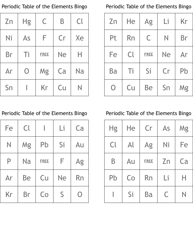 Periodic Table of the Elements Bingo