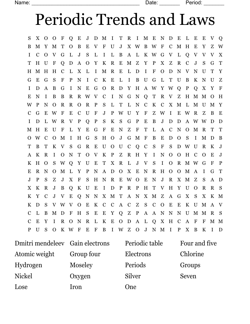 Periodic Trends and Laws Word Search