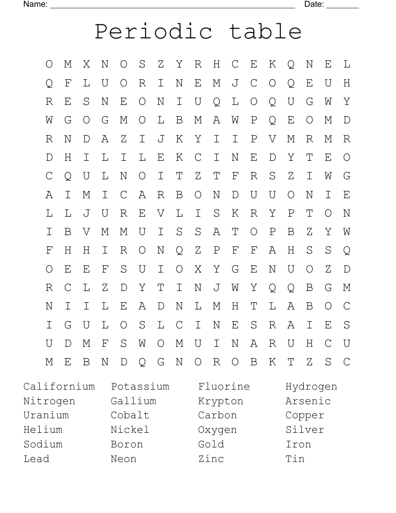 Periodic table  Word Search