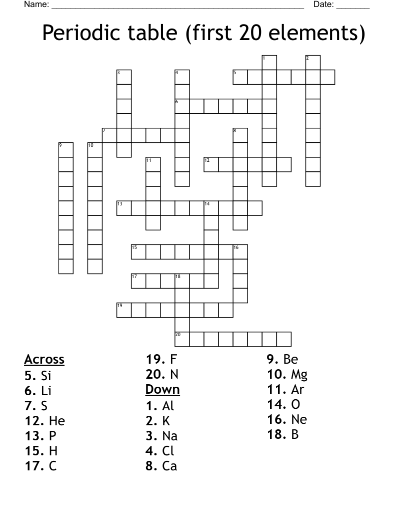 Periodic table (first 20 elements) Crossword