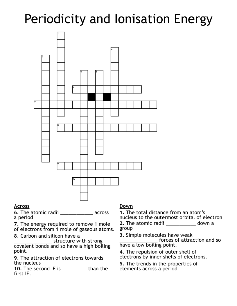 Periodicity and Ionisation Energy Crossword