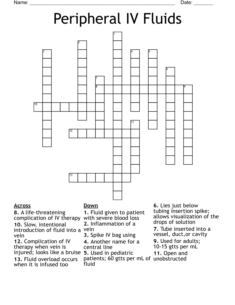 Peripheral IV Fluids Crossword
