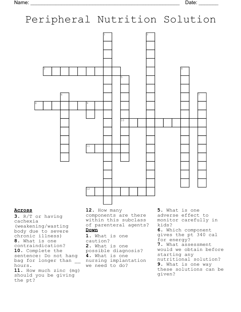 Peripheral Nutrition Solution Crossword