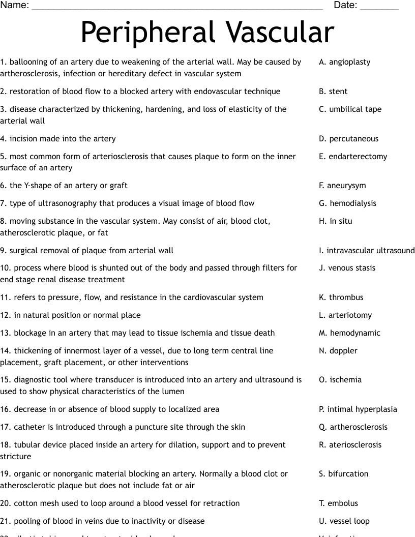 Peripheral Vascular Worksheet