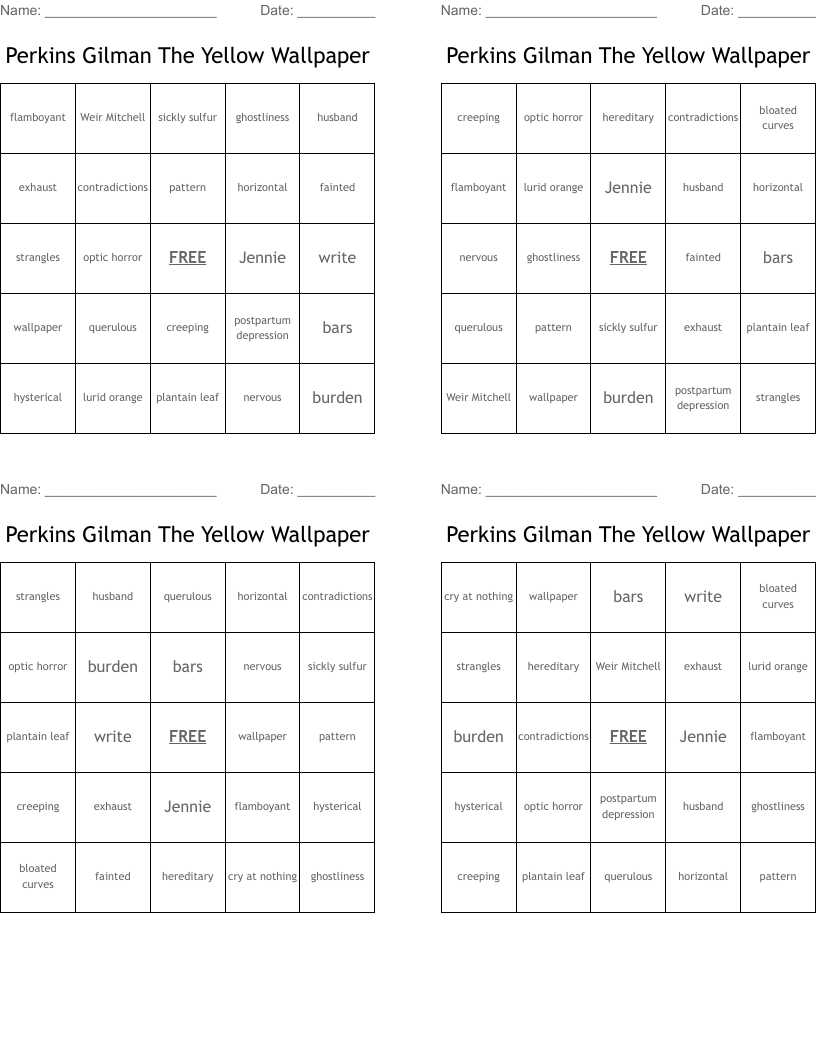 Perkins Gilman The Yellow Wallpaper Bingo Cards