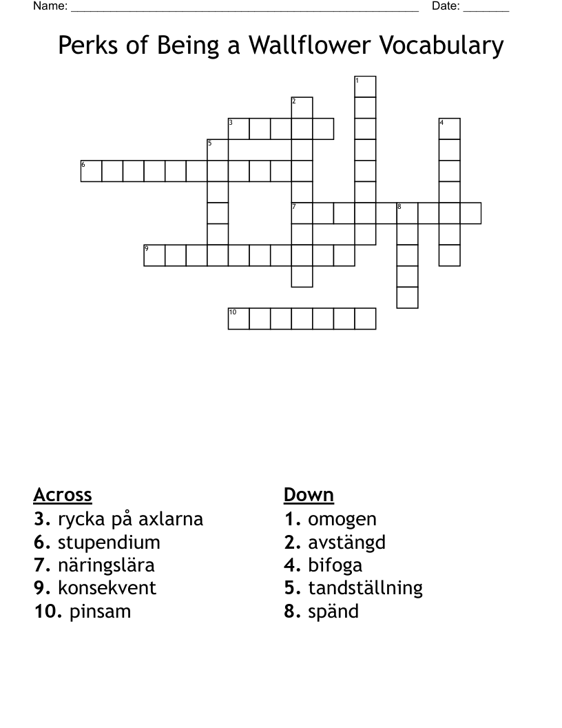 Perks of Being a Wallflower Vocabulary Crossword