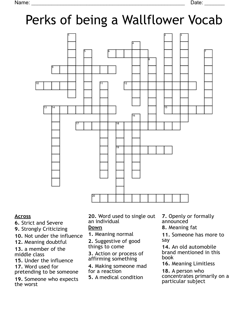 Perks of being a Wallflower Vocab Crossword