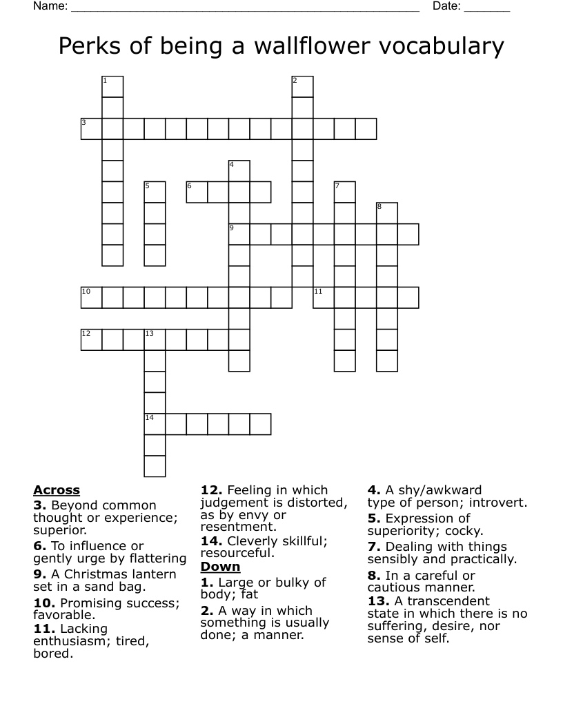Perks of being a wallflower vocabulary Crossword